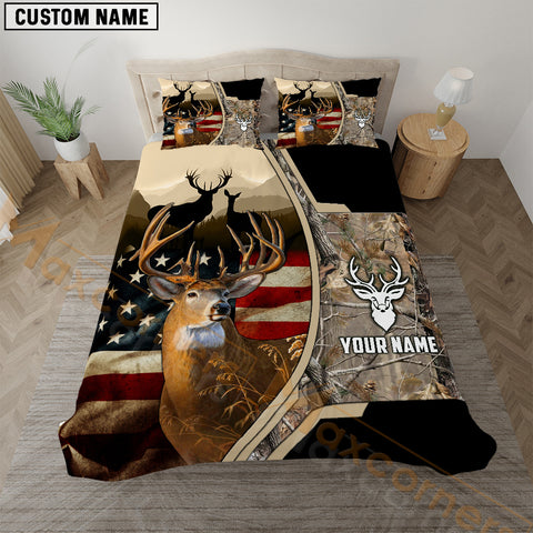 Maxcorners Deer Hunting American Flag Rustic Grass Brown Camo  Bedding Set 3D All Over Printed