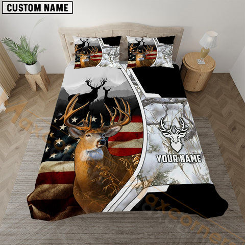Maxcorners Deer Hunting American Flag Rustic White Camo  Bedding Set 3D All Over Printed