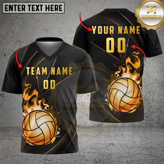 Maxcorners Volleyball Golden Fire Minimal Luxury Style Multicolor Options Personalized 3D V-neck T-Shirt