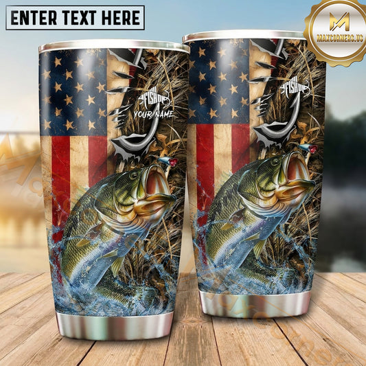 Maxcorners Fishing Tumbler Vintage Flag Woodland Collage Design Personalized Name Tumbler (13 Species)