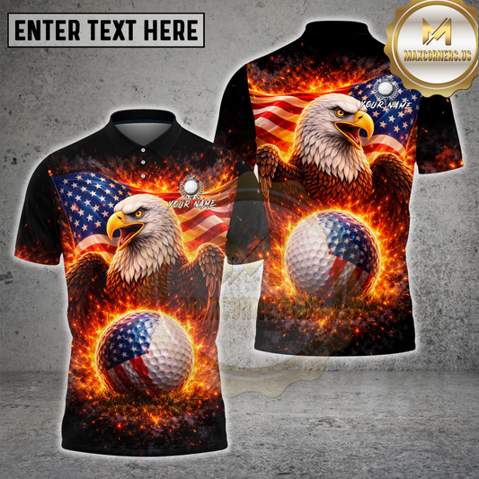 Maxcorners American Eagle Golf Ball Fire Patriotic Flag Multicolor Options Personalized Name, Team Name 3D Shirt (4 Colors)