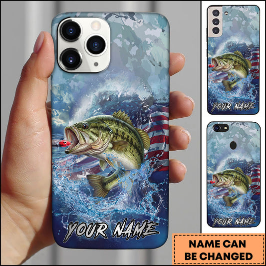Maxcorners Bass Fishing Ocean Wave Patriotic Camouflage Personalized Name Phone Case