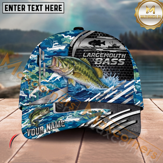 Maxcorners Fishing  Blue Camouflage Fishing Boat Multi Options Personalized Name 3D Classic Cap (11 Fish Species)