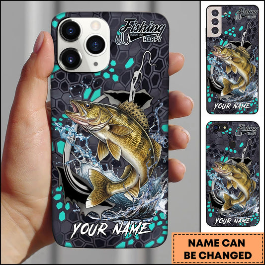Maxcorners Walleye Fishing Hexagon Tech Pattern Hook Icon Water Splash Personalized Name Phone Case