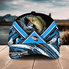Maxcorners Crappie Fishing Blue Tire Triangle Pattern Sport Pattern Personalized Name 3D Cap