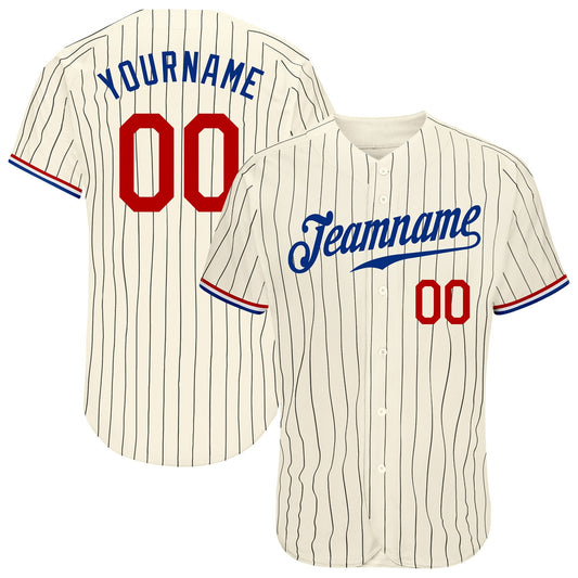 Maxcorners Custom Cream Black Pinstripe Red-Royal Authentic Baseball Jersey LM2605