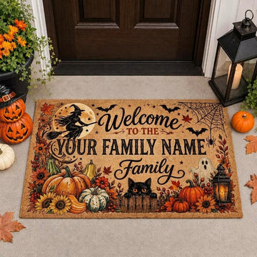 Personalized Maxcorners Halloween Witch Bats Pumpkins Black Cat Ghost Fall Flowers Personalized Name 3D Doormat
