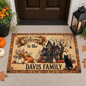 Personalized Maxcorners Haunted House Ghost Pumpkins Black Cat Spiderweb Autumn Halloween Personalized Name 3D Doormat