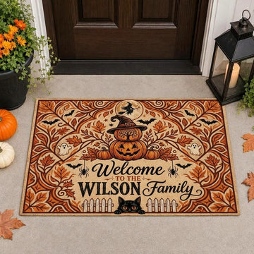 Personalized Maxcorners Halloween Stacked Pumpkins Witch Hat Black Cat Ghost Autumn Leaves Personalized Name 3D Doormat