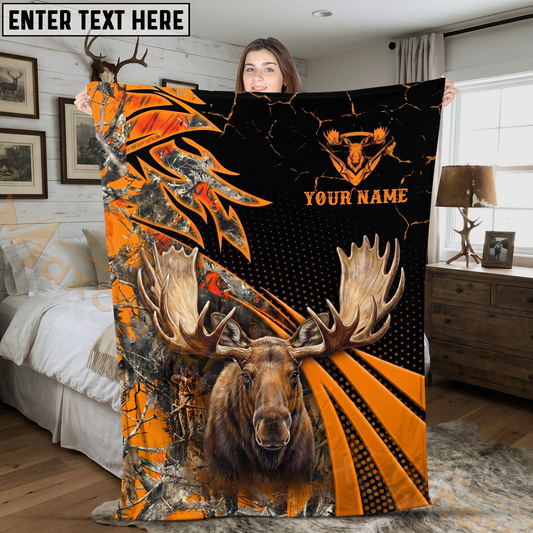 Maxcorners Blaze Orange Moose Hunting Camo Personalized 3D Blanket