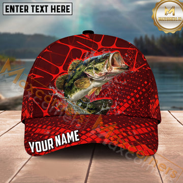 Maxcorners Fishing Red Geometric Splash Pattern Personalized Name 3D Cap (12 Fish Species)