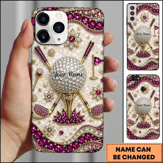 Maxcorners Golf Royal Jewelry Rhinestone Wavy Border Pattern Pink Personalized Phone Case