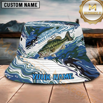 Maxcorners Fishing Blue Camo Wave Personalized Name 3D Bucket Hat (12 Fish Species)