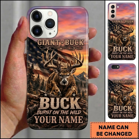 Maxcorners Hunting Giant Buck US Flag Sunset Customized Name Phone Case