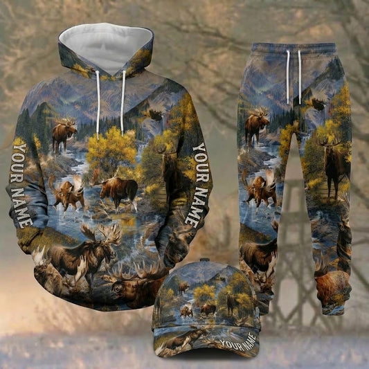Maxcorners Hunting Moose Mountain River Fall Golden Yellow Blue Personalized 3D Shirts