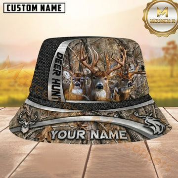 Maxcorners Whitetail Deer Hunting Realistic Woodland Camo Black Silver Personalized Name 3D Bucket Hat