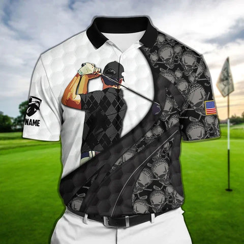 MaxCorners Premium Coolest Golf Skull Black Pattern Golf Polo Shirts Multicolored Customized Name Polo For Men