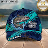 Maxcorners Fishing Navy Aqua Polygon Brush Splash Personalized Name 3D Cap (12 Fish Species)