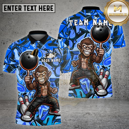 Maxcorners Bowling Monkey Power Smash Action Graphic Multicolor Options Personalized Name, Team Name 3D Shirt (4 Colors)