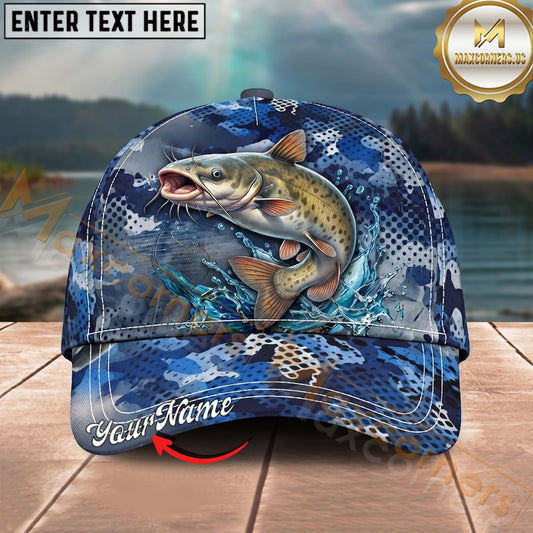 Maxcorners Fishing Blue Camouflage Splash Personalized Name 3D Cap (12 Fish Species)