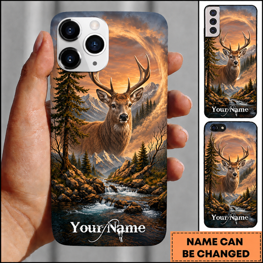 Maxcorners Hunting Majestic Stag Deer Glowing Sunset Rocky Mountain Creek Forest Customized Name Phone Case