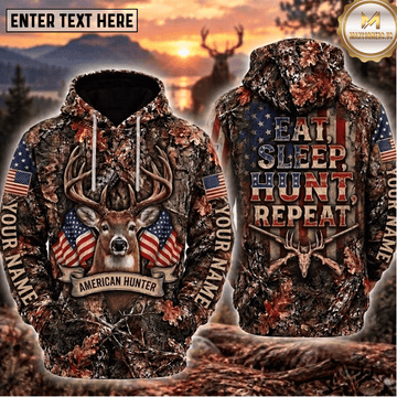 Maxcorners Deer Hunting American Hunter Eat Sleep Hunt Repeat American Flag Buck Camo Personalized Hoodie Custom Name 3D Shirt