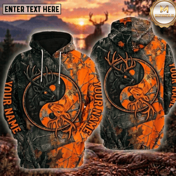 Maxcorners Deer Hunting Yin Yang Black Orange Buck Forest Camo Personalized Hoodie Custom Name 3D Shirt
