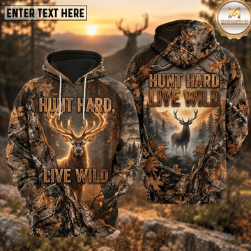 Maxcorners Deer Hunting Hunt Hard Live Wild Glowing Buck Forest Mountain Sunset Camo Hoodie Custom Text 3D Shirt