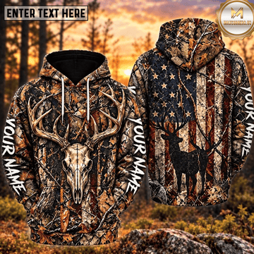 Maxcorners Deer Hunting American Flag Deer Skull Buck Camo Personalized Hoodie Custom Name 3D Shirt