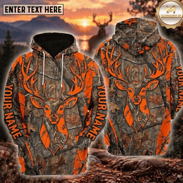 Maxcorners Deer Hunting Blaze Orange Buck Head Tree Camo Personalized Hoodie Custom Name 3D Shirt