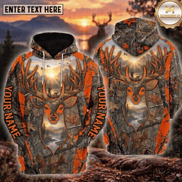 Maxcorners Deer Hunting Orange Buck Head Hunter Dog River Forest Camo Personalized Hoodie Custom Name 3D Shirt
