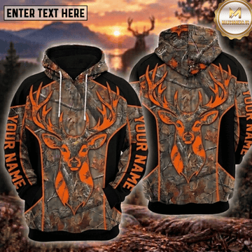 Maxcorners Deer Hunting Orange Buck Head Black And Camo Personalized Hoodie Custom Name 3D Shirt