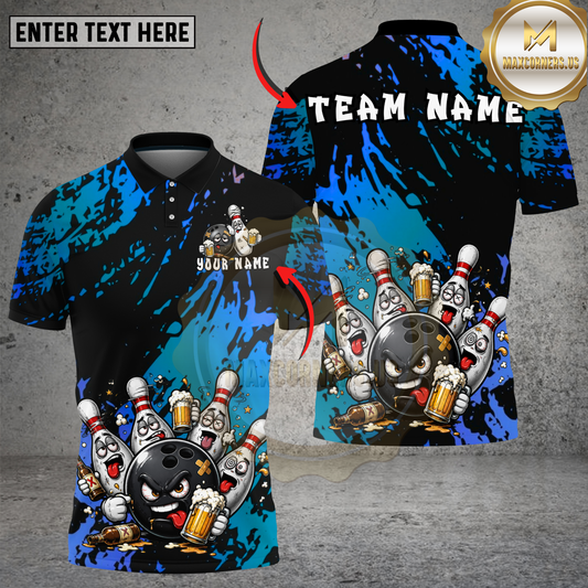 Maxcorners Angry Bowling Ball Beer Party Multicolor Options Personalized Name, Team Name 3D Shirt (4 Colors)
