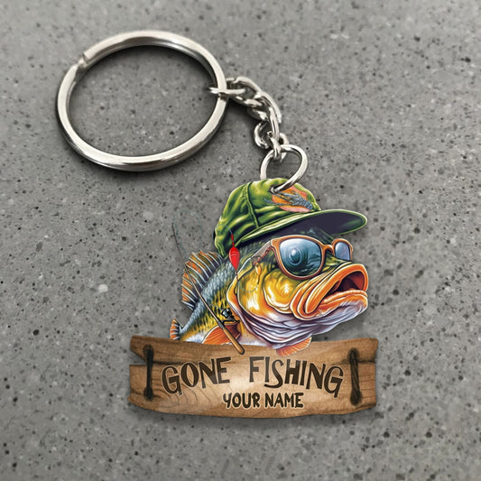 Maxcorners Fishing Keychain Cute Bass Fish With Goggles Hat Gone Fishing Wooden Board Personalized Name 2D Keychain
