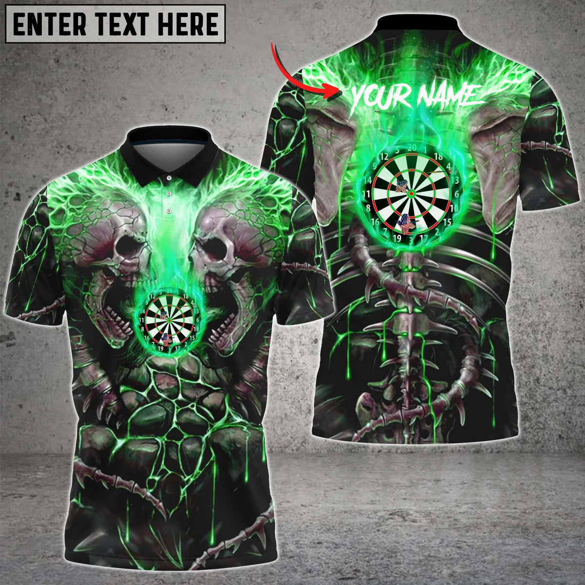 Maxcorners Dart Skull Green Personalized Name 3D Shirt