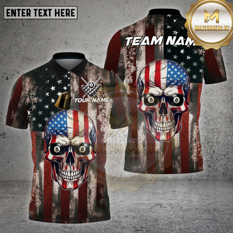 Maxcorners Billiards Shirt Vintage American Skull 8 Ball Rustic Flag Multioptions Personalized Name, Team Name Unisex 3D Shirt