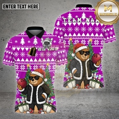 Maxcorners Bowling Shirt Christmas Bear Santa Holiday Pattern Multioptions Personalized Name, Team Name Unisex 3D Shirt