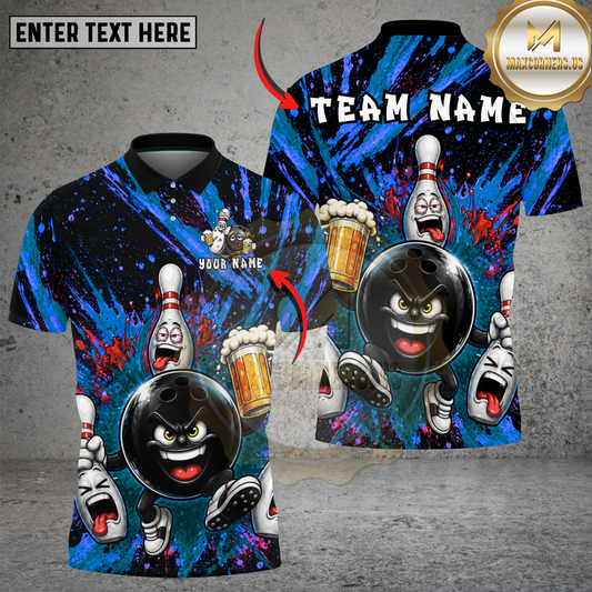 Maxcorners Drunk Bowling Ball Beer Splash Graphic Multicolor Options Personalized Name, Team Name 3D Shirt (4 Colors)