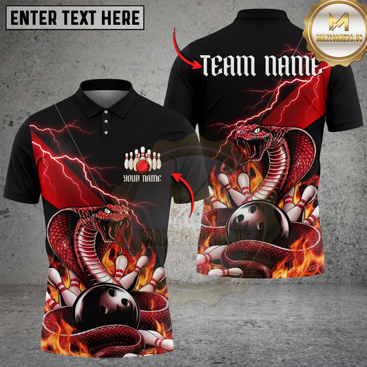 Maxcorners Bowling Shirt Snake Cobra Fire Strike Aggressive Graphic Multicolor Options Personalized Name, Team Name 3D Shirt (4 Colors)