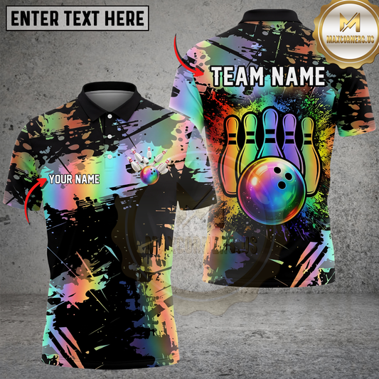 Maxcorners Bowling Shirt Rainbow Splash Paint Strike Artistic Design Multicolor Options Personalized Name, Team Name 3D Shirt (4 Colors)