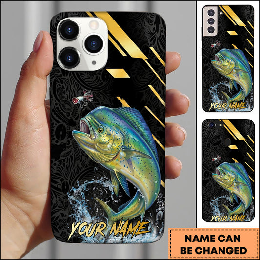 Maxcorners Mahi-mahi Fishing Luxury Black Gold Lightning Splash Personalized Name Phone Case