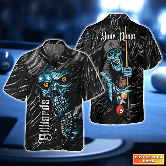 Maxcorners Billiard Skull Blue Pool 8 Ball Hawaiian Shirt