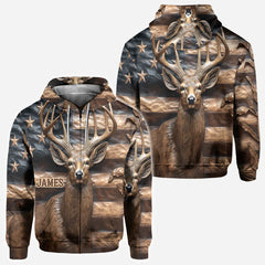 Maxcorners Deer Hunting Bronze American Flag Big Buck Patriotic Personalized Name 3D Hoodie TU2611