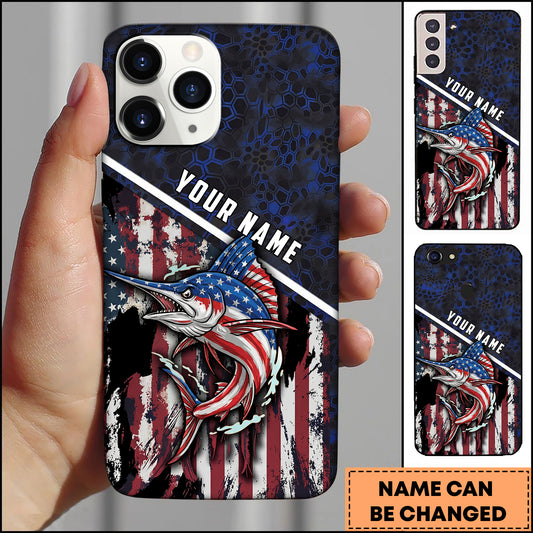 Maxcorners Marlin Fishing Patriotic USA Flag Honeycomb Tech Style Personalized Name Phone Case