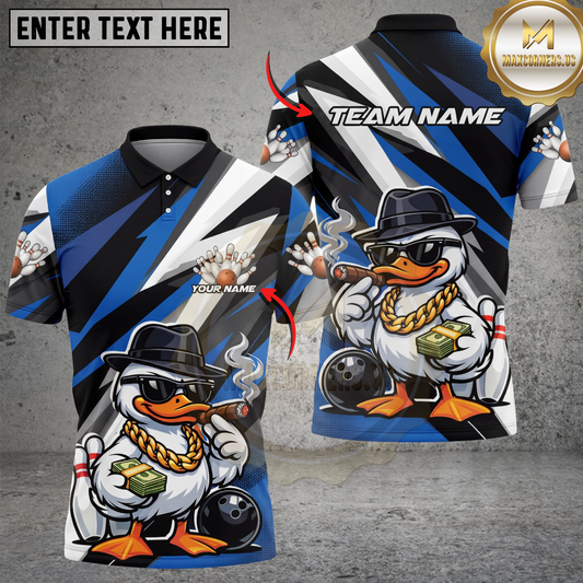 Maxcorners Bowling Shirt Gangster Duck Money Cigar Funny Cartoon Design Multicolor Options Personalized Name, Team Name 3D Shirt (4 Colors)
