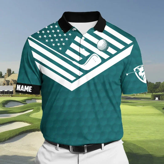 MaxCorners Cyan Premium Cool American Flag Golf Polo Shirts Multicolored Customized Name Polo For Men