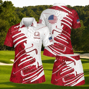 Maxcorners Red and White American Flag Female Golfer Personalized Name 3D Golf Shirt and Skirt