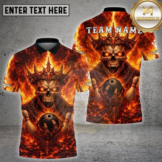 Maxcorners Bowling Skull King Flaming Crown Graphic Multicolor Options Personalized Name, Team Name 3D Shirt (4 Colors)