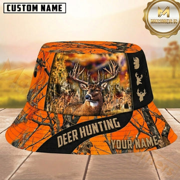Maxcorners Deer Hunting Realistic Orange Tree Camo and Buck Portrait Panel Personalized Name 3D Bucket Hat