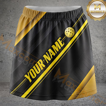 Maxcorners Pickleball Black Gold Diagonal Stripe Personalized 3D Skort, Skirts With Shorts